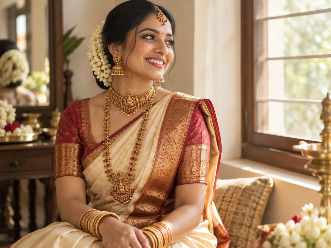 A smiling bride in a cream and gold silk saree wearing layered gold temple jewellery