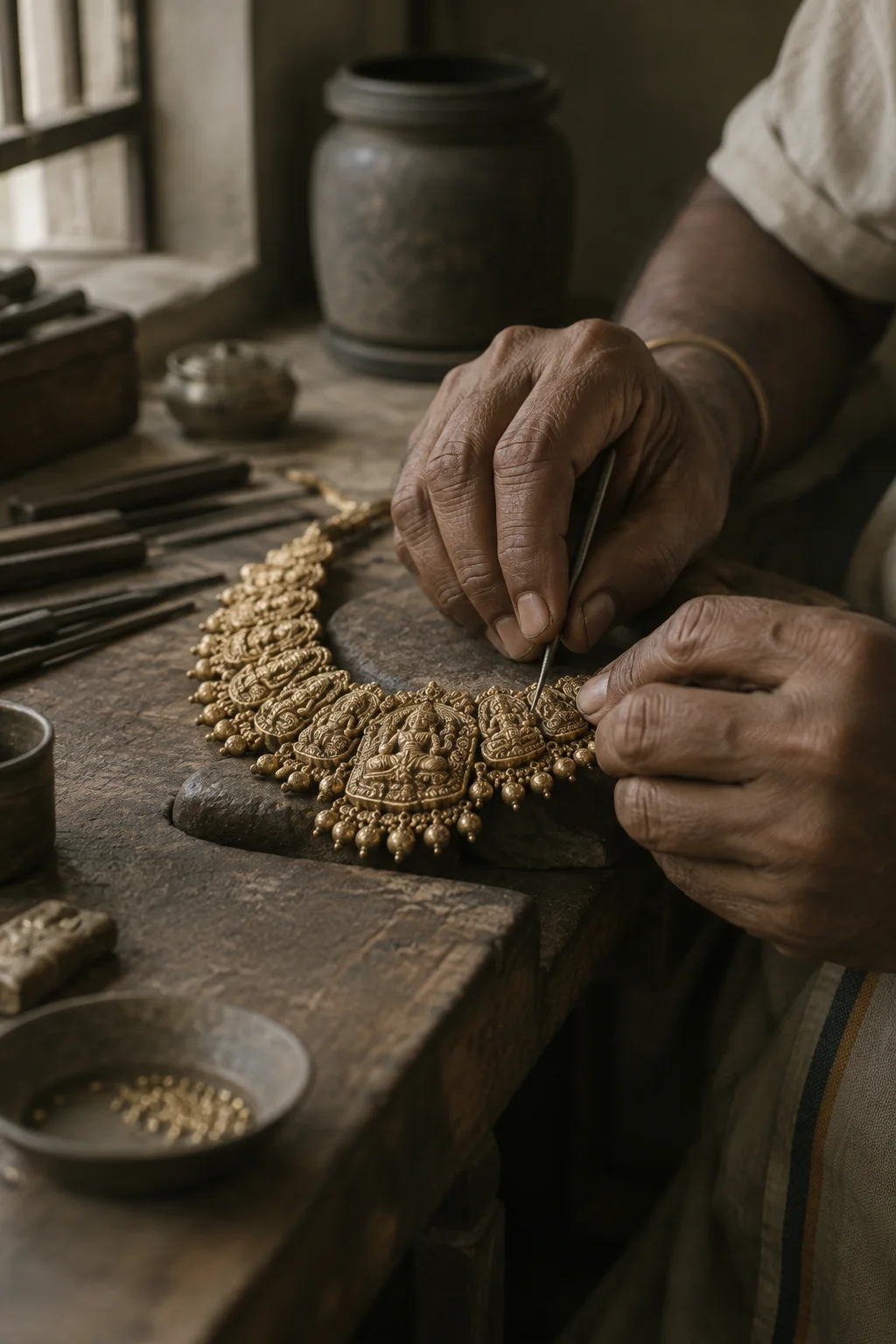 A goldsmith's hands engraving a gold temple necklace at a wooden workbench