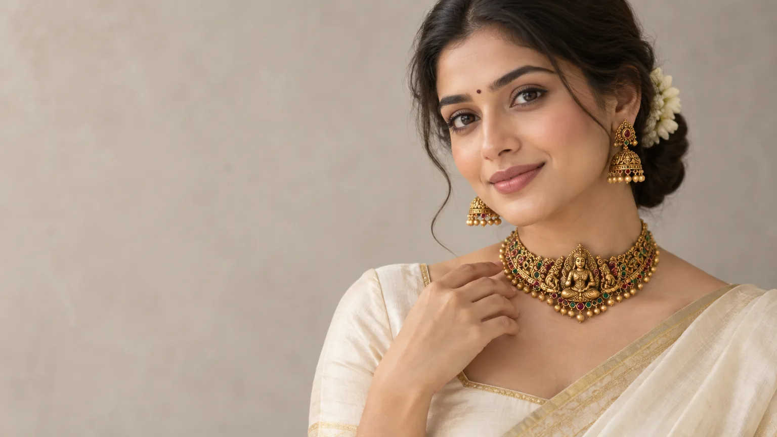 A woman in an ivory silk blouse wearing a gold temple choker with a Lakshmi pendant