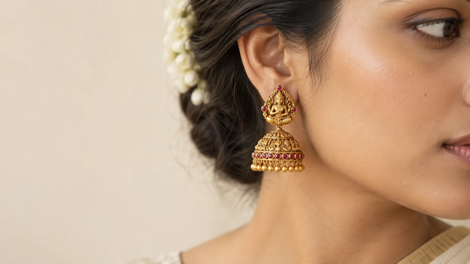 Close view of a gold temple jhumka earring with ruby kemp stones