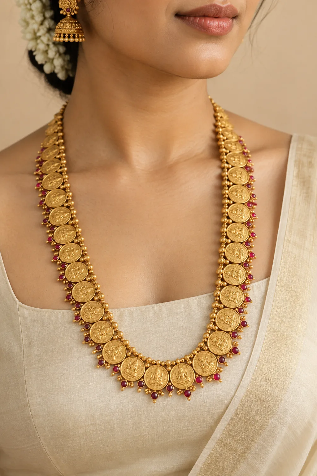 A woman in an ivory silk blouse wearing a long gold kasu malai