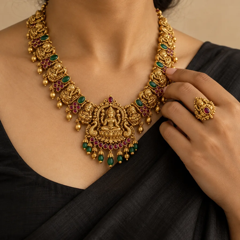 A hand touching a gold temple necklace with a Lakshmi pendant, wearing a matching ruby ring