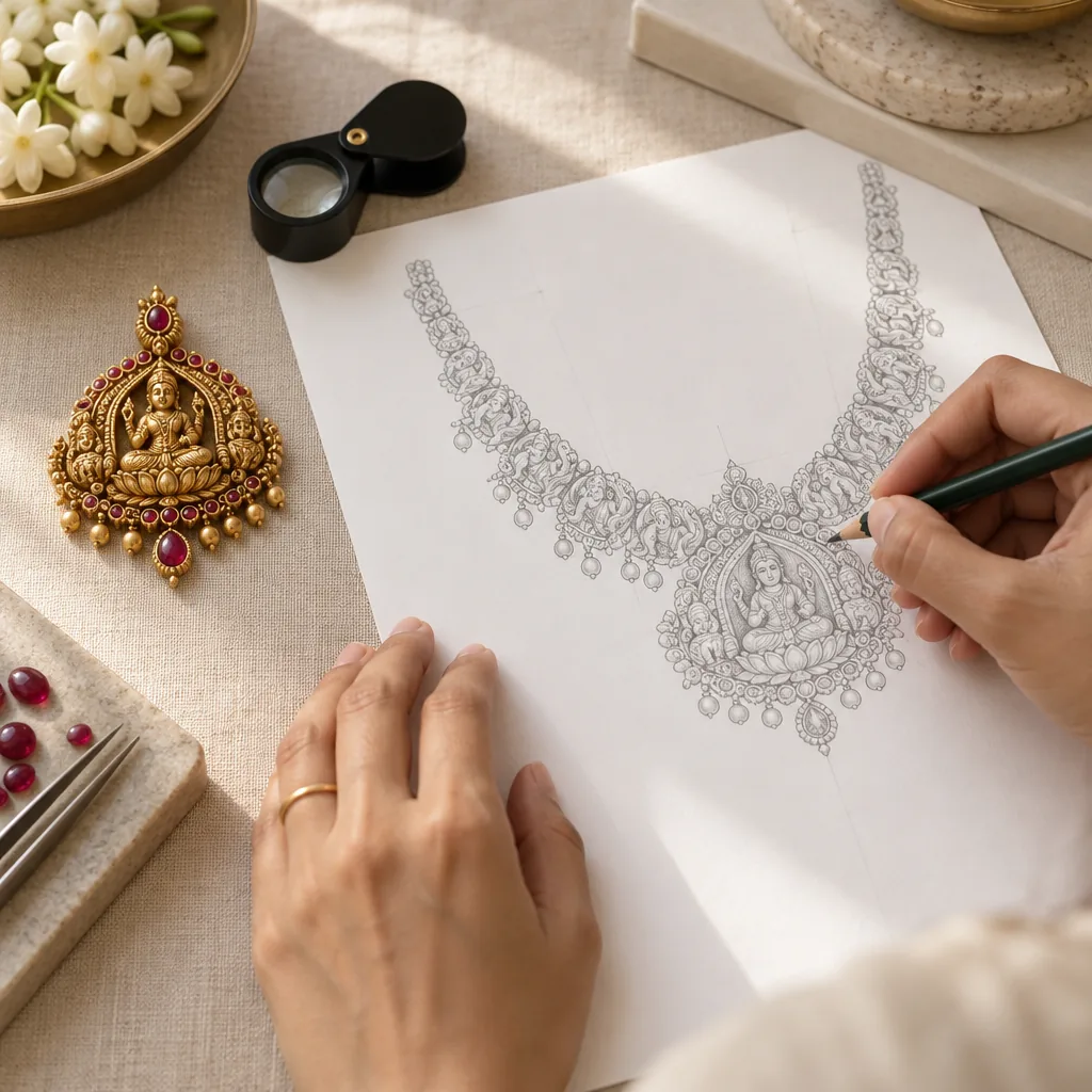 A designer sketching a temple necklace in pencil, with a finished gold pendant and a loupe beside the drawing